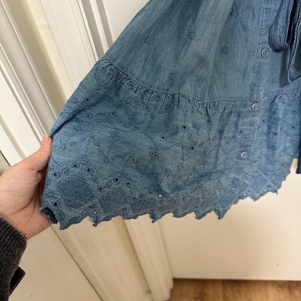 OLD NAVY | Blue Denim Chambray Embroidered Cutwork Eyelet Peasant Mini Dress, L - Picture 6 of 10